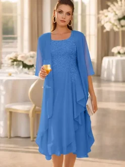 2 Pieces Mother Dress Jewel Neck 3/4 Length Sleeves Two-piece Lace Guest Dresses For Wedding