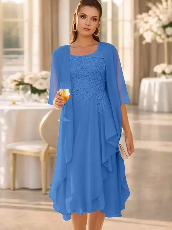 2 Pieces Mother Dress Jewel Neck 3/4 Length Sleeves Two-piece Lace Guest Dresses For Wedding