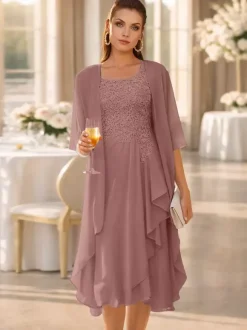 2 Pieces Mother Dress Jewel Neck 3/4 Length Sleeves Two-piece Lace Guest Dresses For Wedding