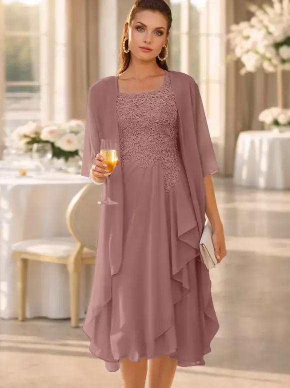 2 Pieces Mother Dress Jewel Neck 3/4 Length Sleeves Two-piece Lace Guest Dresses For Wedding