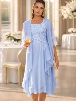 2 Pieces Mother Dress Jewel Neck 3/4 Length Sleeves Two-piece Lace Guest Dresses For Wedding
