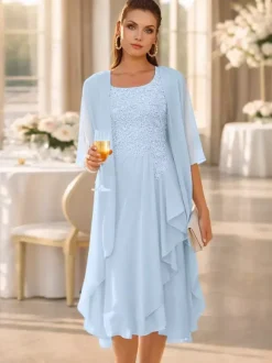 2 Pieces Mother Dress Jewel Neck 3/4 Length Sleeves Two-piece Lace Guest Dresses For Wedding