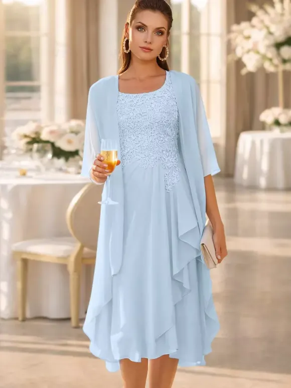 2 Pieces Mother Dress Jewel Neck 3/4 Length Sleeves Two-piece Lace Guest Dresses For Wedding