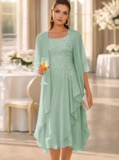 2 Pieces Mother Dress Jewel Neck 3/4 Length Sleeves Two-piece Lace Guest Dresses For Wedding