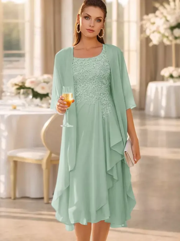 2 Pieces Mother Dress Jewel Neck 3/4 Length Sleeves Two-piece Lace Guest Dresses For Wedding