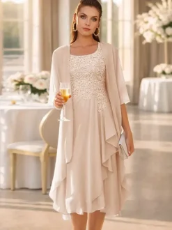 2 Pieces Mother Dress Jewel Neck 3/4 Length Sleeves Two-piece Lace Guest Dresses For Wedding