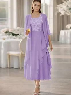 2 Pieces Mother Dress Jewel Neck Half Sleeves A-Line Lace Tea-Length Wedding Guest Dresse