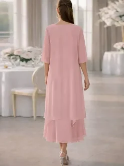 2 Pieces Mother Dress Jewel Neck Half Sleeves A-Line Lace Tea-Length Wedding Guest Dresse