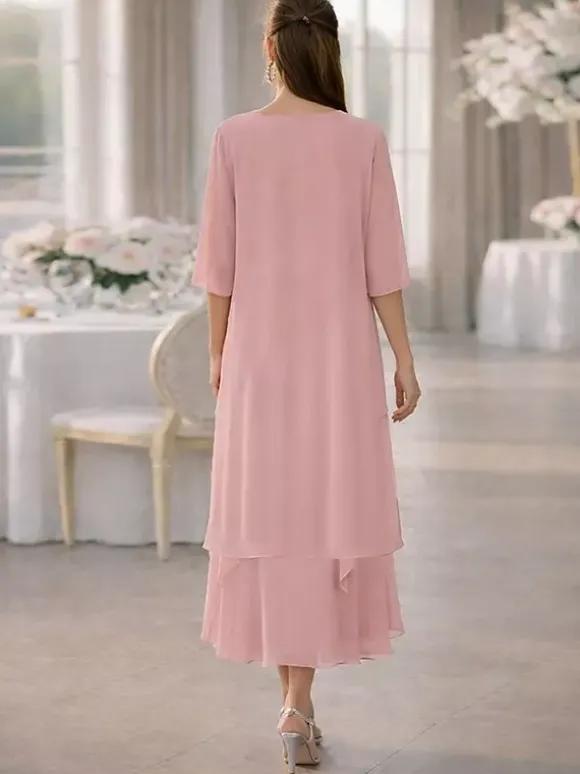 2 Pieces Mother Dress Jewel Neck Half Sleeves A-Line Lace Tea-Length Wedding Guest Dresse