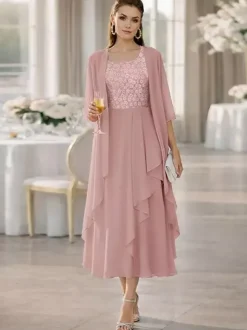 2 Pieces Mother Dress Jewel Neck Half Sleeves A-Line Lace Tea-Length Wedding Guest Dresse
