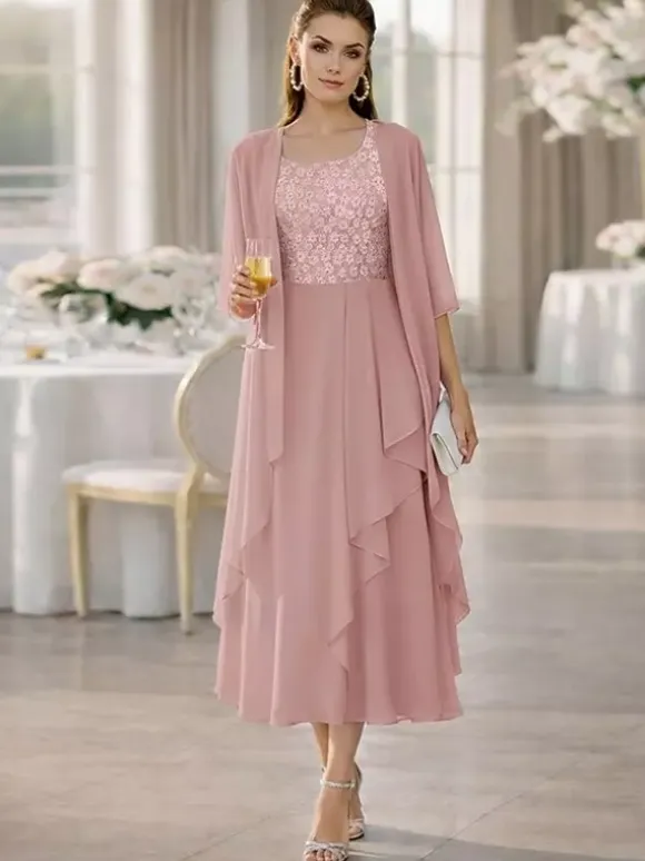 2 Pieces Mother Dress Jewel Neck Half Sleeves A-Line Lace Tea-Length Wedding Guest Dresse