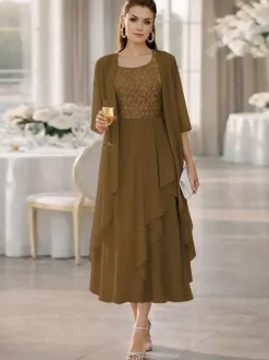 2 Pieces Mother Dress Jewel Neck Half Sleeves A-Line Lace Tea-Length Wedding Guest Dresse