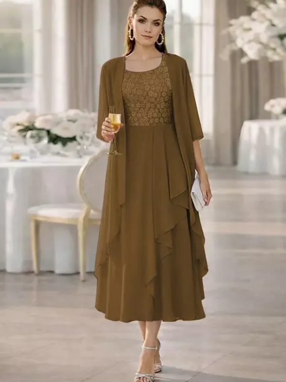 2 Pieces Mother Dress Jewel Neck Half Sleeves A-Line Lace Tea-Length Wedding Guest Dresse