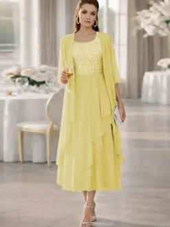 2 Pieces Mother Dress Jewel Neck Half Sleeves A-Line Lace Tea-Length Wedding Guest Dresse