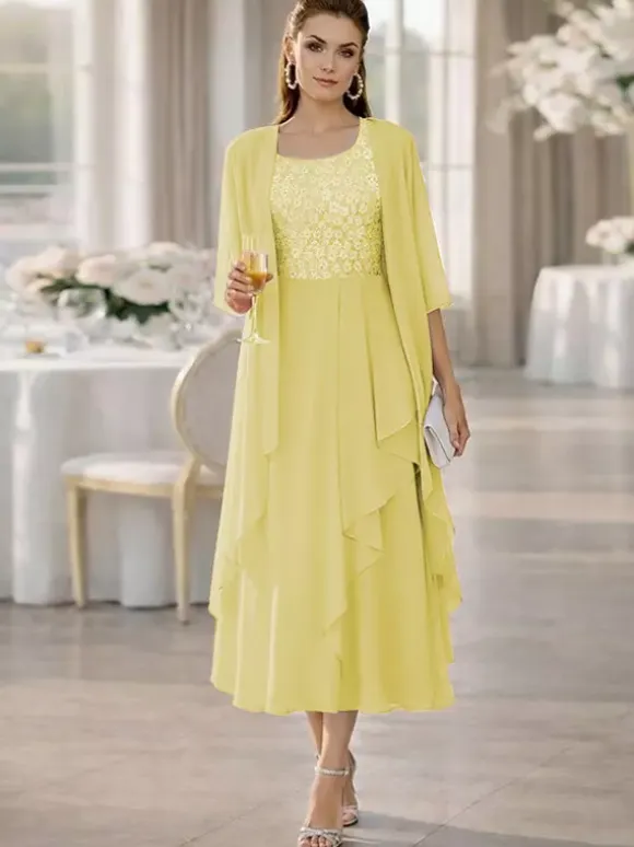 2 Pieces Mother Dress Jewel Neck Half Sleeves A-Line Lace Tea-Length Wedding Guest Dresse