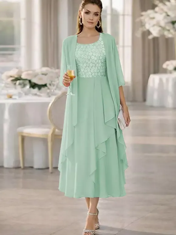 2 Pieces Mother Dress Jewel Neck Half Sleeves A-Line Lace Tea-Length Wedding Guest Dresse