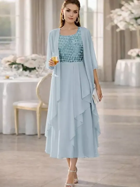 2 Pieces Mother Dress Jewel Neck Half Sleeves A-Line Lace Tea-Length Wedding Guest Dresse