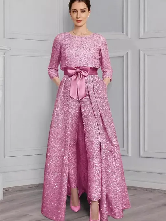 3 Pieces Mother Dress Jumpsuits Jewel Neck 3/4 Length Sleeves A-Line Bows Wedding Guest Dresses