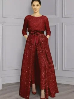 3 Pieces Mother Dress Jumpsuits Jewel Neck 3/4 Length Sleeves A-Line Bows Wedding Guest Dresses