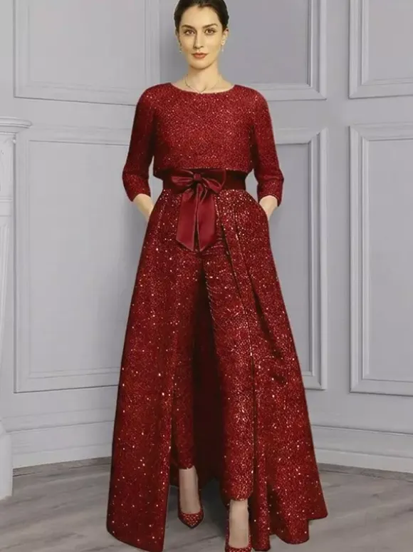 3 Pieces Mother Dress Jumpsuits Jewel Neck 3/4 Length Sleeves A-Line Bows Wedding Guest Dresses