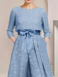 3 Pieces Mother Dress Jumpsuits Jewel Neck 3/4 Length Sleeves A-Line Bows Wedding Guest Dresses