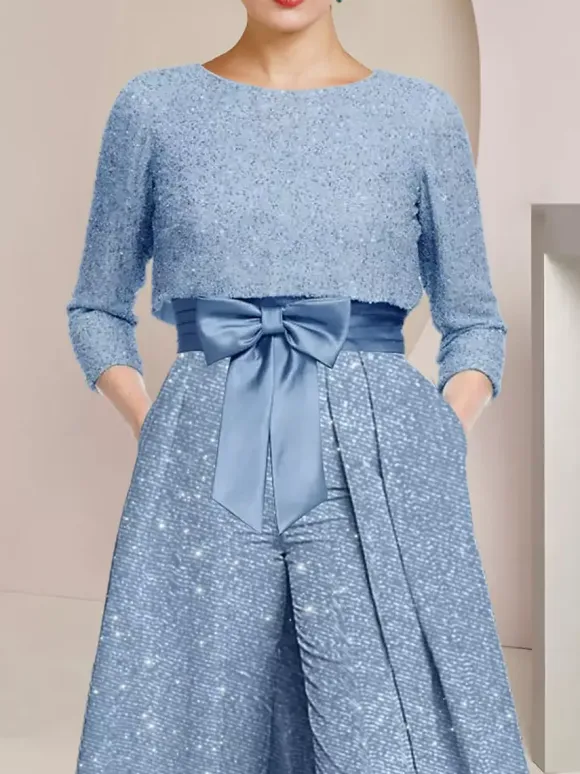 3 Pieces Mother Dress Jumpsuits Jewel Neck 3/4 Length Sleeves A-Line Bows Wedding Guest Dresses