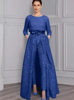 3 Pieces Mother Dress Jumpsuits Jewel Neck 3/4 Length Sleeves A-Line Bows Wedding Guest Dresses