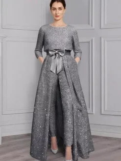 3 Pieces Mother Dress Jumpsuits Jewel Neck 3/4 Length Sleeves A-Line Bows Wedding Guest Dresses