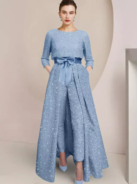 3 Pieces Mother Dress Jumpsuits Jewel Neck 3/4 Length Sleeves A-Line Bows Wedding Guest Dresses