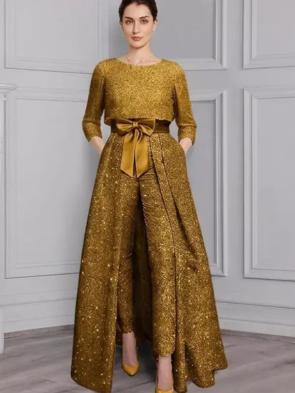 3 Pieces Mother Dress Jumpsuits Jewel Neck 3/4 Length Sleeves A-Line Bows Wedding Guest Dresses