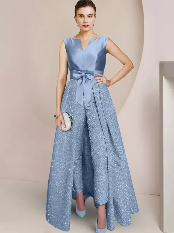 3 Pieces Mother Dress Jumpsuits Jewel Neck 3/4 Length Sleeves A-Line Bows Wedding Guest Dresses