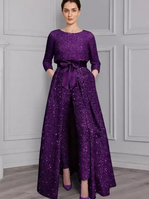 3 Pieces Mother Dress Jumpsuits Jewel Neck 3/4 Length Sleeves A-Line Bows Wedding Guest Dresses