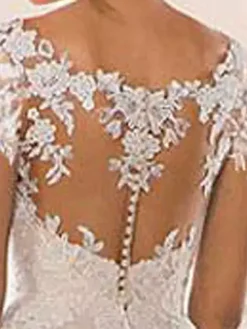 A Line Wedding Dress V-Neck Long Sleeves Lace Court Train Bridal Gowns Free Customization