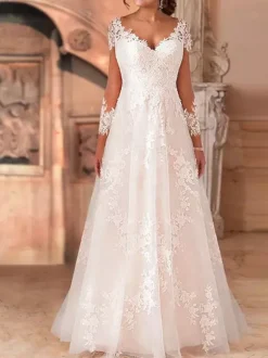 A Line Wedding Dress V-Neck Long Sleeves Lace Court Train Bridal Gowns Free Customization