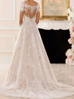 A Line Wedding Dress V-Neck Long Sleeves Lace Court Train Bridal Gowns Free Customization