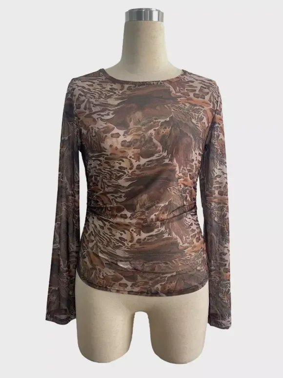 Abstract Print Mesh Slim Fit Long Sleeve Crew Neck Top For Women 2026