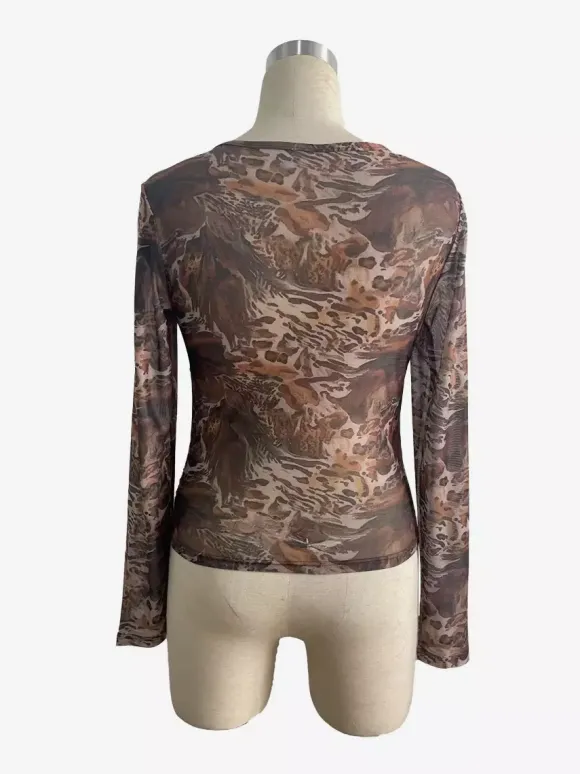 Abstract Print Mesh Slim Fit Long Sleeve Crew Neck Top For Women 2026