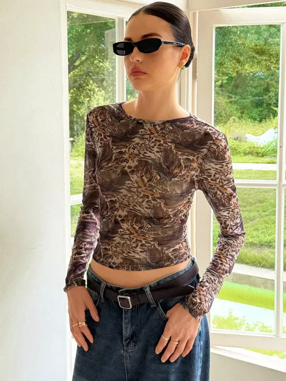Abstract Print Mesh Slim Fit Long Sleeve Crew Neck Top For Women 2026