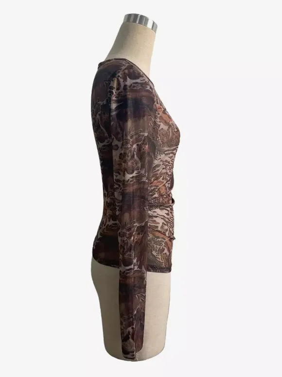 Abstract Print Mesh Slim Fit Long Sleeve Crew Neck Top For Women 2026