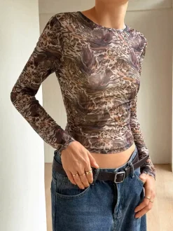 Abstract Print Mesh Slim Fit Long Sleeve Crew Neck Top For Women 2026