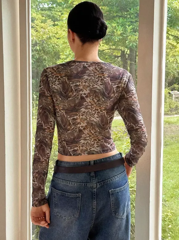 Abstract Print Mesh Slim Fit Long Sleeve Crew Neck Top For Women 2026