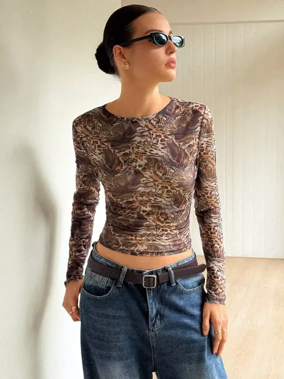 Abstract Print Mesh Slim Fit Long Sleeve Crew Neck Top For Women 2026
