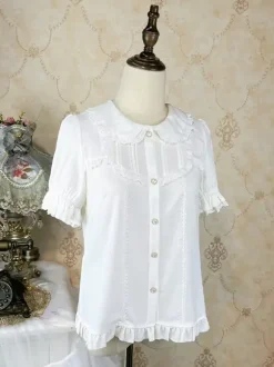 Academic Lolita Blouses Black Short Sleeves Ruffles Lace Lolita Top Lolita Shirt