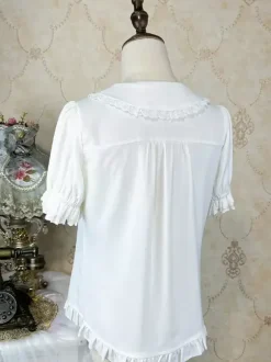 Academic Lolita Blouses Black Short Sleeves Ruffles Lace Lolita Top Lolita Shirt