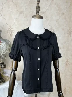 Academic Lolita Blouses Black Short Sleeves Ruffles Lace Lolita Top Lolita Shirt