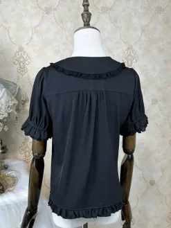 Academic Lolita Blouses Black Short Sleeves Ruffles Lace Lolita Top Lolita Shirt