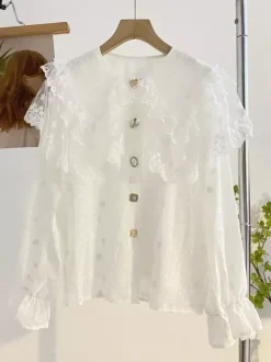 Academic Lolita Blouses Lolita Top Lace Ruffles Long Sleeves Blouse White Lolita Shirt