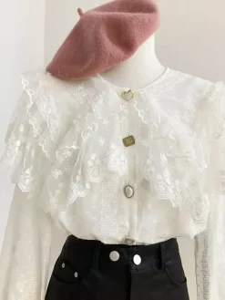 Academic Lolita Blouses Lolita Top Lace Ruffles Long Sleeves Blouse White Lolita Shirt