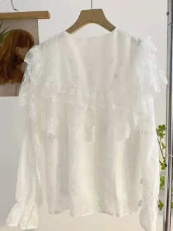 Academic Lolita Blouses Lolita Top Lace Ruffles Long Sleeves Blouse White Lolita Shirt