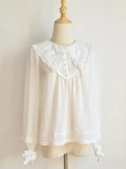 Academic Lolita Blouses Ruffles Lace Lolita Top Long Sleeves Blouse White Lolita Shirt